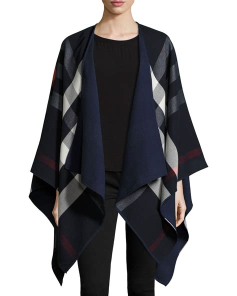 Burberry Charlotte Reversible Solid/Check Cape, Navy 